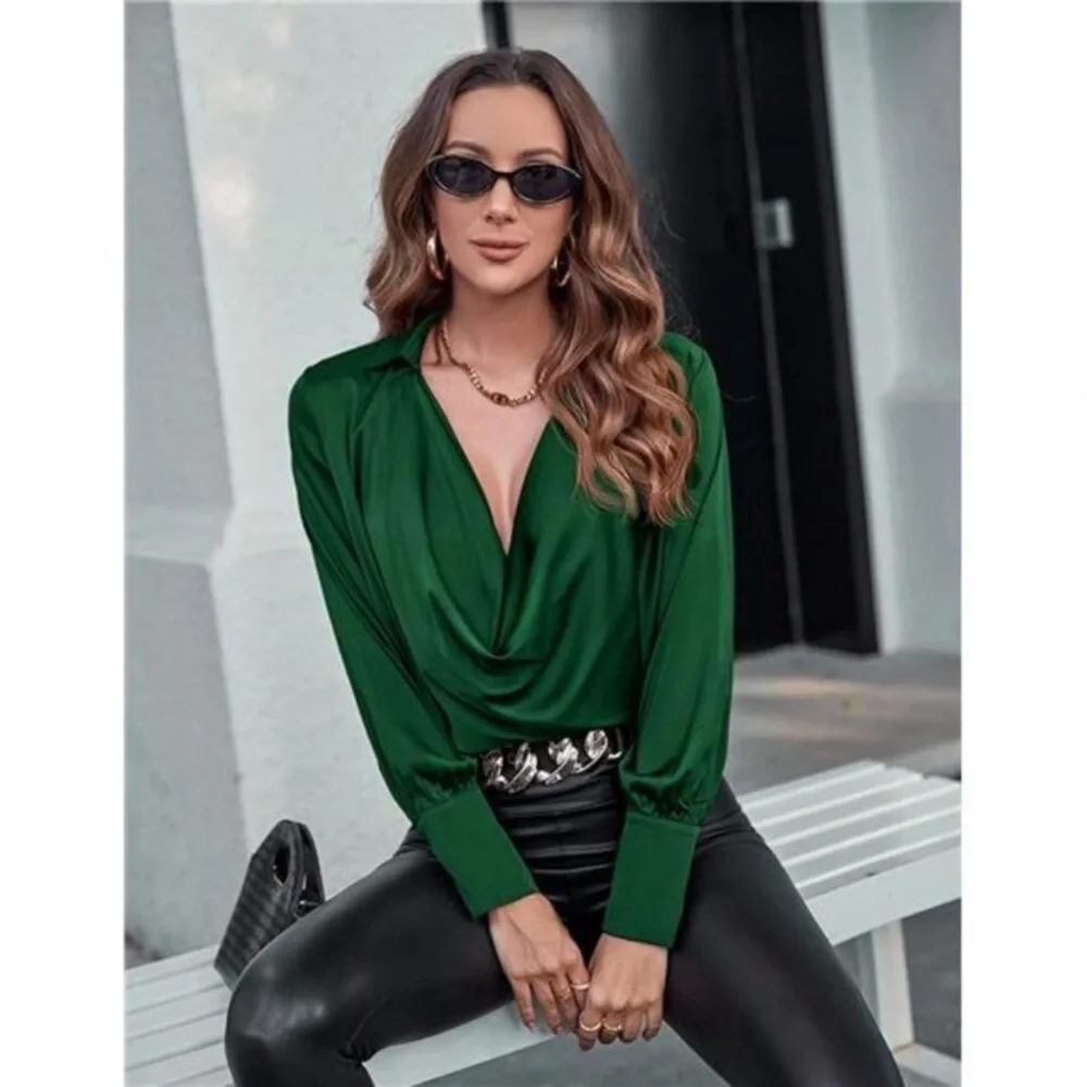 Tops | Hot Satin Collar Neck Drape Ruched Front Long Sleeve Dark Green ...
